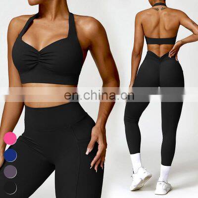Wholesale Quick Dry Fitness Clothing Custom Women Workout Wear Sports Bra Pocket Leggings 2 Piece Yoga Set Gym Fitness Sets