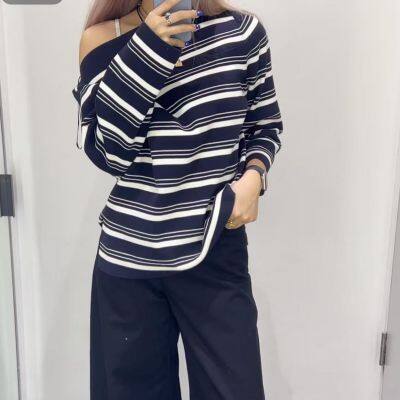 Casual Version Boat Collar Striped T-shirt Dark Blue/striped 2025 Spring New Product photo-4