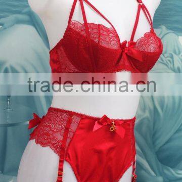 The bright red a half cup embroidery lingerie bra panty set