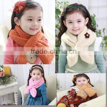 Wholesale Sweet Cute Bear Flower Pattern Plain Fleece Fashion Baby Kids Girls Winter Scarf