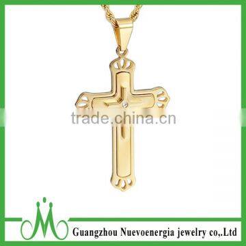 Triple Gold Crucifix Stainless Steel Cross Polished Pendant Charm Necklace Men Women Engraved CZ
