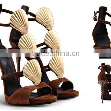 Mature Sexy Women High Heels Summer Shoes Brown Lamb Suede Leather Shoes Metal Shells Embellish Open Toe Sandals 2015