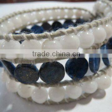 White jade and Lapis Stone Leather Wrap Bracelets