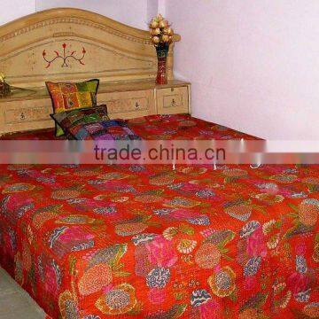 Indian Handmade Tropical Flower Print BedSpreads, Flower print cotton kantha throw