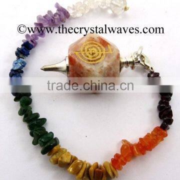 Sunstone Cho Ku Rei Engraved Hexagonal Pendulum With Chakra Chips Chain