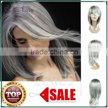 on sale popular silky straight silver white grey synthetic hair wig with high resistant fiber free shipping