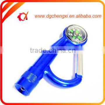 blue aluminum LED flashlight with aluminum carabiner hook and compass