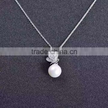 Three colors pearl with butterfly charm necklace with silver