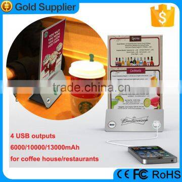 innovative products for import advertising menu style 13000mah power banks for hotel/restaurant/coffee shop