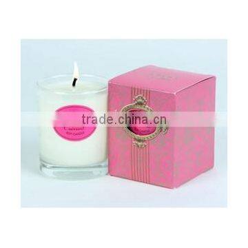 clear glass scented soy candle with pink box