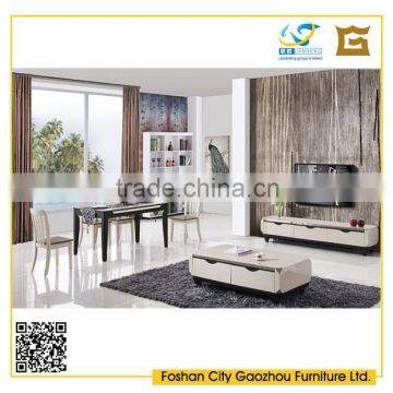 hot sale modern living room furniture sets with high gloss wood coffee table, tv stand and dining table chairs