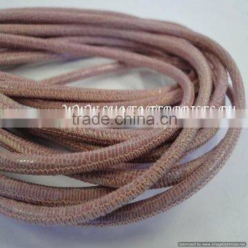 Round Leather Cords - Round strobel 4mm lizard rose + paillettes transparent