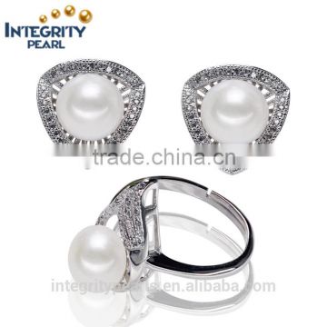 fashionable sterling silver button zircon natural freshwater pearl earring and ring set