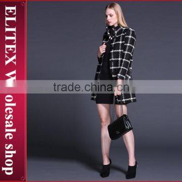 2015 Newest Black Plaid Straight Lady Overcoat Warm Winter Dress With Pocket