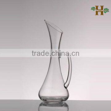 Handmade oblique opening glass bota with handle, clear slanted glass wine pot
