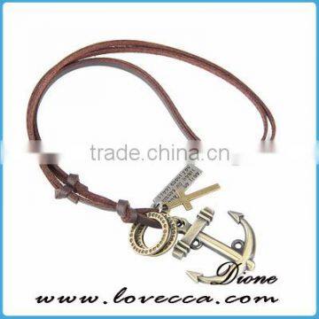 Wholesale Bronze Tone Anchor Pendant Necklace Brown Adjustable Vintage Leather Cord Necklace