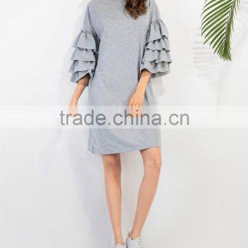 New Style Casual Straight Women Ruffle Sleeve Tee Dress Autumn Fashion Female Knee Length Grey Dresses photo-2