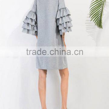 New Style Casual Straight Women Ruffle Sleeve Tee Dress Autumn Fashion Female Knee Length Grey Dresses photo-4