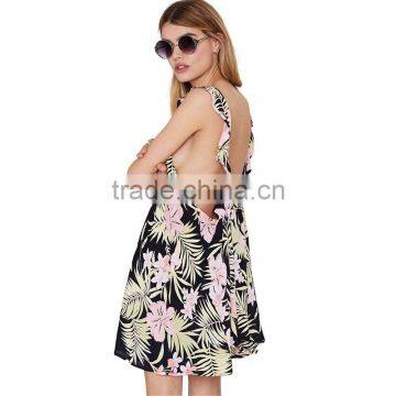 Ladies Fashion Sexy Back Open Floral Print Falbala Halter Top Short Dress