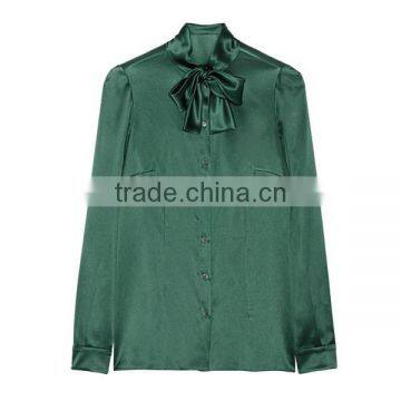 New High Quality Lady Simple Long Sleeve Green Satin Pussy Bow Blouse photo-2