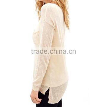 Clairvoyant Front Patch Pocket Rib Knit Cuff Crew Neck Slub Long Sleeve Knit Ladies Pullover photo-2
