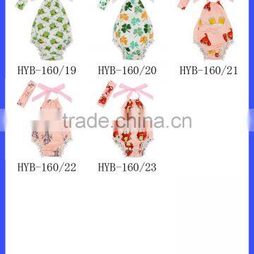 High Quality Kids St. Patricks Day Item Clover Printed Halter Design Newborn Baby Hairboll Romper photo-6