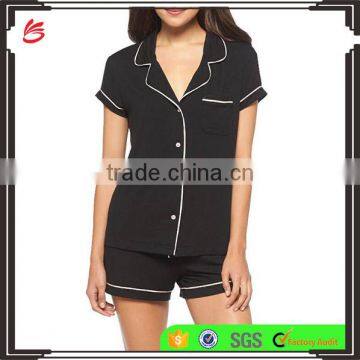 2017 OEM Summer women Comfortable black sleepwear Collar & Shorts pink cotton pajamas short set