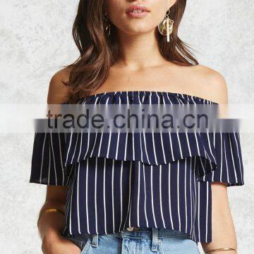 Hot Sale Fashion Short Sleeve Summer Casual off Shoulder Striped Sexy Women Blouse photo-4