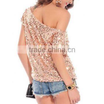 Women's sexy oblique shoulder bat sleeve sequin T-shirt women's shirt