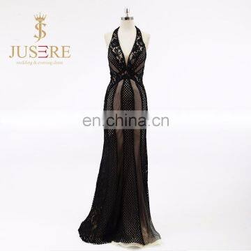 2017 Long Evening Dress Halter Sleeveless Floor Length Lace Mermaid evening dress Open Back Back Robe De Soiree