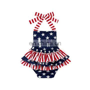Girl Stripe And Star Halter Baby Bubble Romper 4th Of July Jumpsuit photo-3