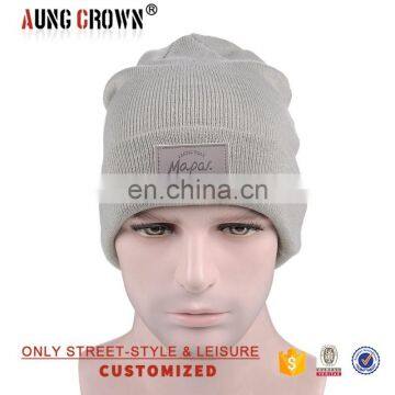 Custom Stripe Beanie With Custom Patch Label Grey Beanie Hats photo-4