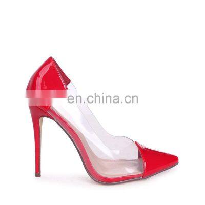 women fancy design transparent upper ladies high heels pointed toe attractive red color pumps shoes other colors are available