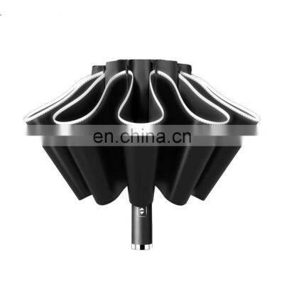 Three Fold Button Innovative, Solar Umbrella With Reflective Strip To Automatic Open And Close Led Light Reverse Rain Umbrella/