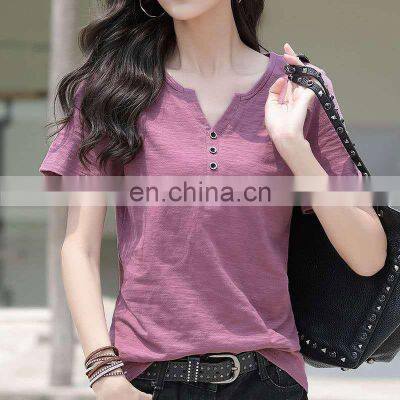 Manufacturer Wholesale Custom Sports and Leisure Pure Cotton Short-sleeved Women's Plus Size V-neck T-shirt photo-2