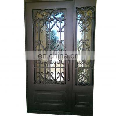 wrought iron exterior grill door designs with glass sidelight panels