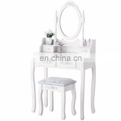 Luxury White Dressing Table With Mirror and Stool, vanity table Set 4 Drawers Bedroom Dresser