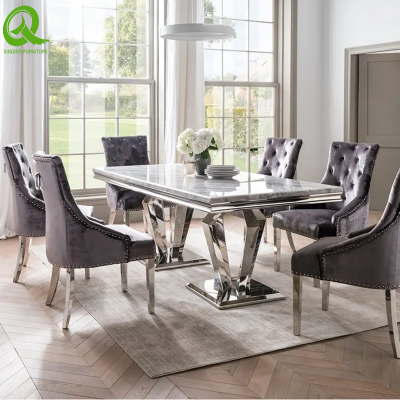 Factory price luxury dining table set stainless steel base marple top 8 seater dining table