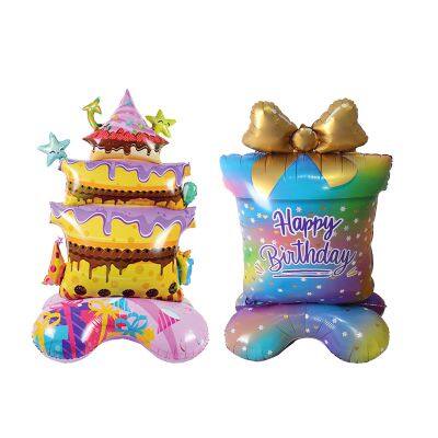 Happy Birthday Cake Foil Cartoon Balloon Base Big Air-Filled Balloon With Stand for Birthday Party Decoration Supplies