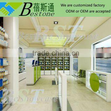 Double -sided retail store shelving, wooden wall shelf for pharmacy