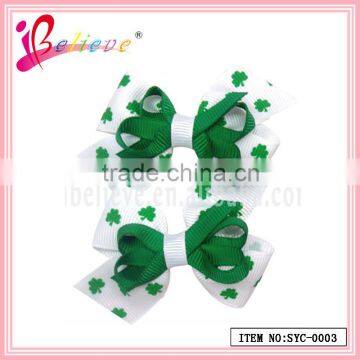 New arrival latest design Chinese wholesale handmade grosgrain bow green clover hair accessories clip (SYC-0003)