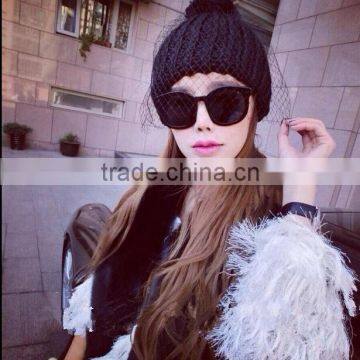 Hot Selling Lace Cover Tied Plain Acrylic Knitting Fashion Ladies Beanie Hat