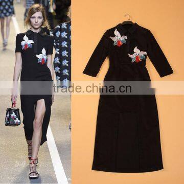 Wholesale 2015 Newest European Turn-down Collar 3/4 Sleeves Embroidery Designer Runway Fashion Split Sexy Women Dress                        
                                                Quality Choice