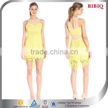 new stylish delicate women dress bright yellow crocheted sleeveless layered Hi-Lo bodycon above knee mini casual dress