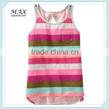 Children cloth girls keyhole-back pocket design tanks rib-knit crew neck printed sleeveless top