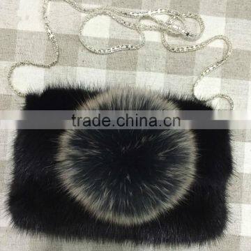 Luxury Adorable Design Mink Fur Chain Purse With Huge Fox Fur Pompom Ladies Cute Handbag Wallet