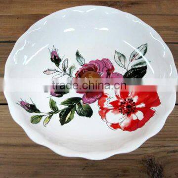 Elegant Flower Decal Ceramic Cake /Fruit Serving Plate with Wooden Stand for Party