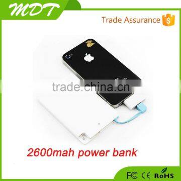 Built-in cable 2500mAh aluminum alloy shell credit card shape phone charger battery for smartphones