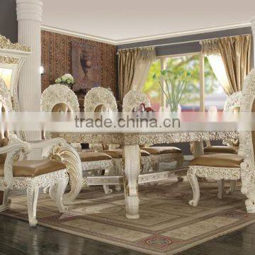 Luxury Ivory And Golden 8 Persons Home Use Dining Table, Baroque Wooden Decorative Display Cabinet And Side Board(MOQ=1 SET)