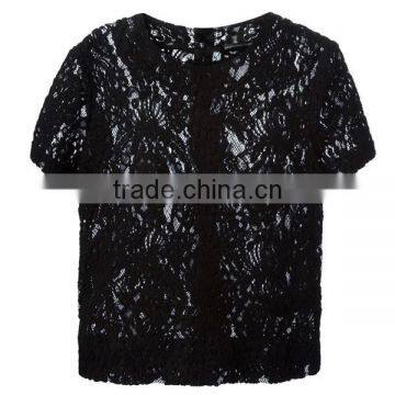 Ladies Formal/office Wear Elegant Transparent Short Sleeve Sexy Black Lace Blouse photo-2